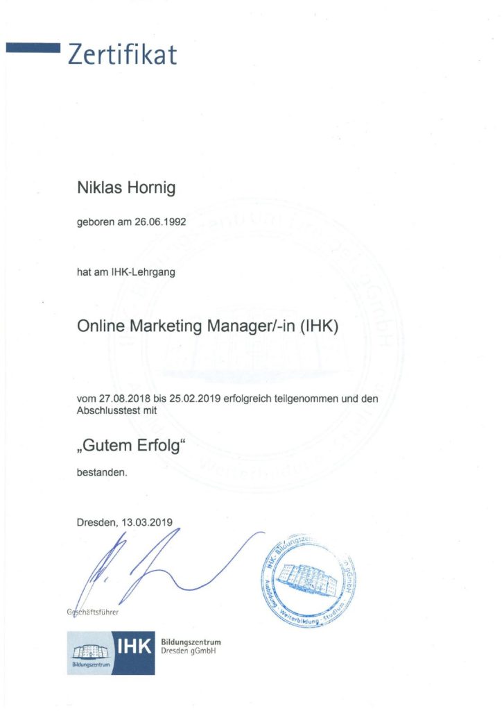 IHK Zertifikat Herr Hornig