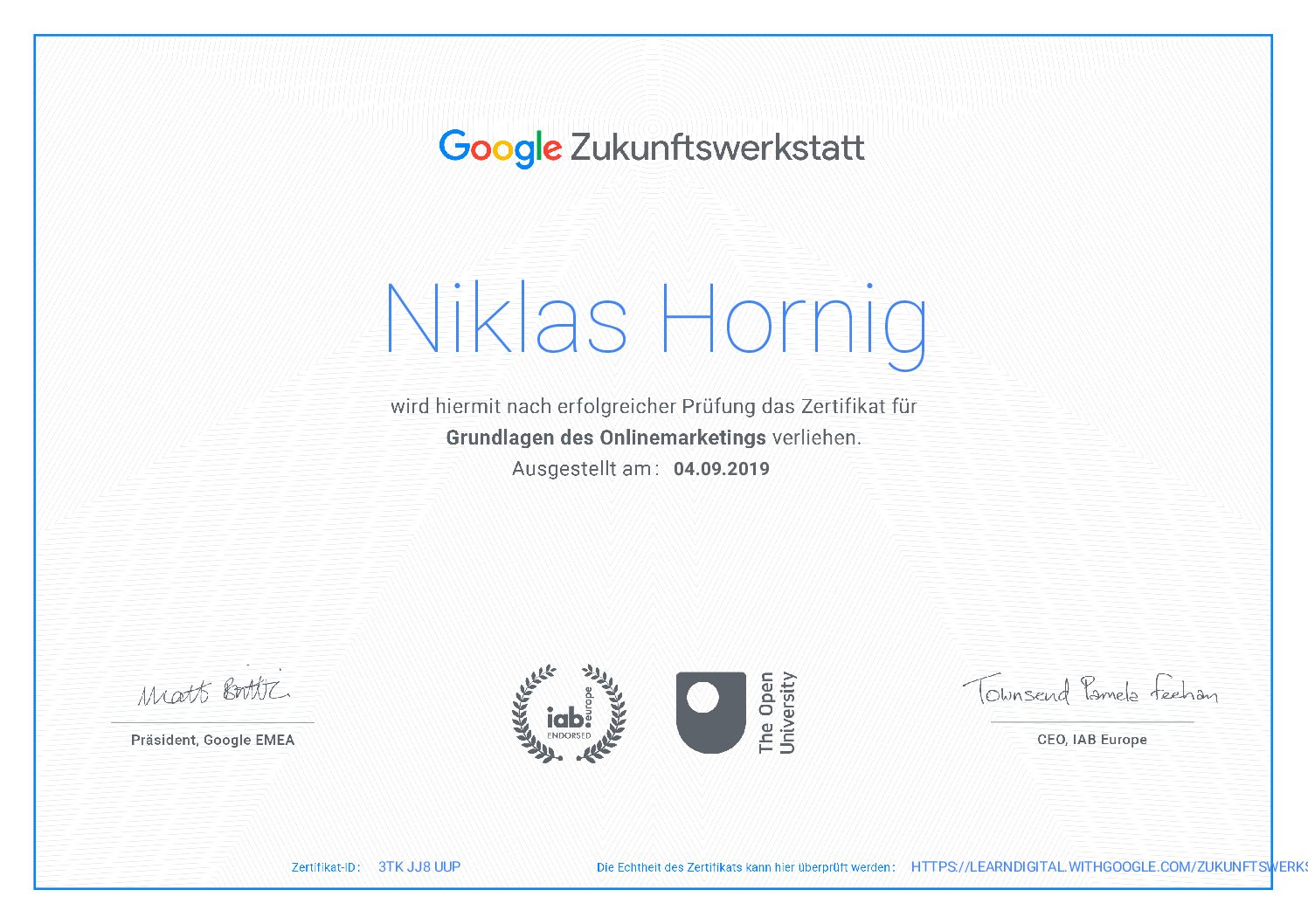 Zertifikat Google Zukunftswerkstatt